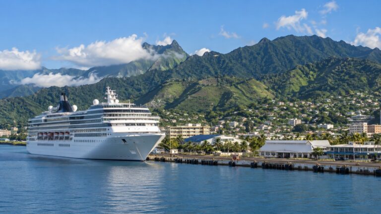 Cruise ship at Papeete quay beneath Tahiti’s green hills