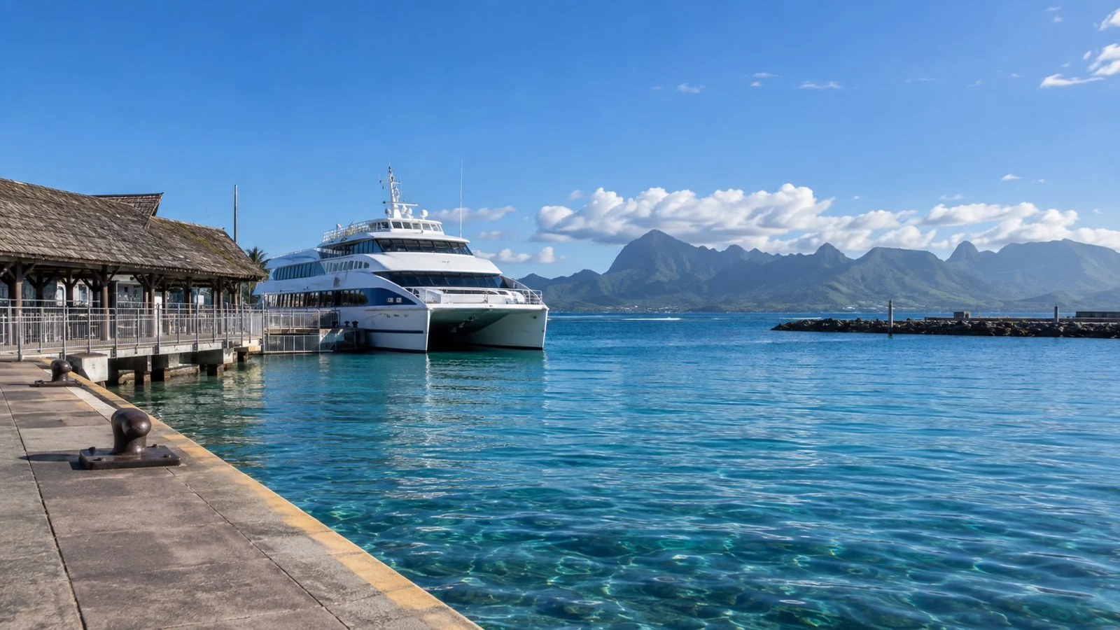 Empty Papeete ferry quay with Moorea ferry and clear Polynesian water