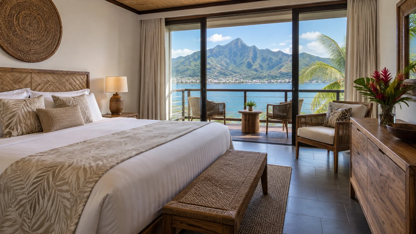 Empty unbranded Tahitian hotel room with woven decor and island mountain view