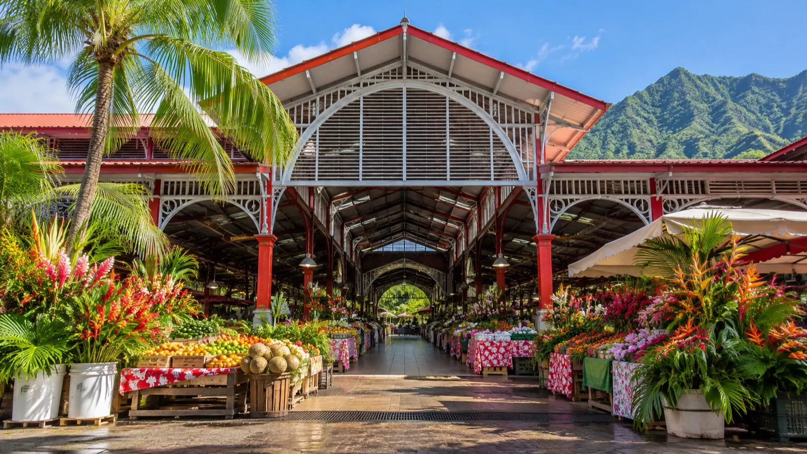 Papeete Market building and empty tropical produce stalls