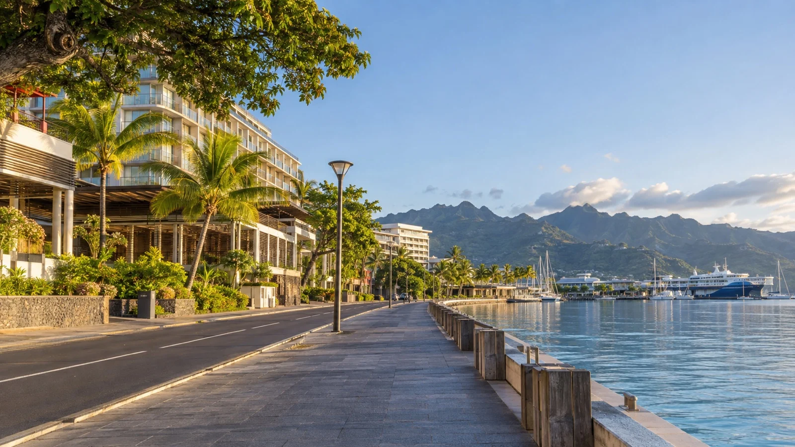 Empty Papeete waterfront street with tropical trees and hotel buildings beside the harbor