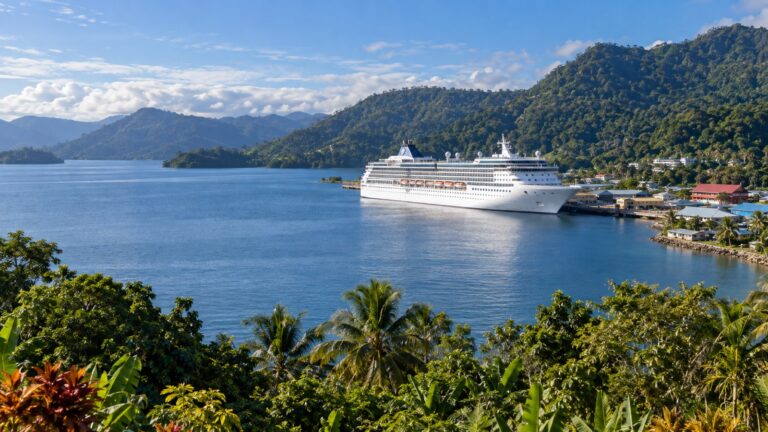 Cruise ship at Alotau on Milne Bay with forested hills along the Papua New Guinea coast