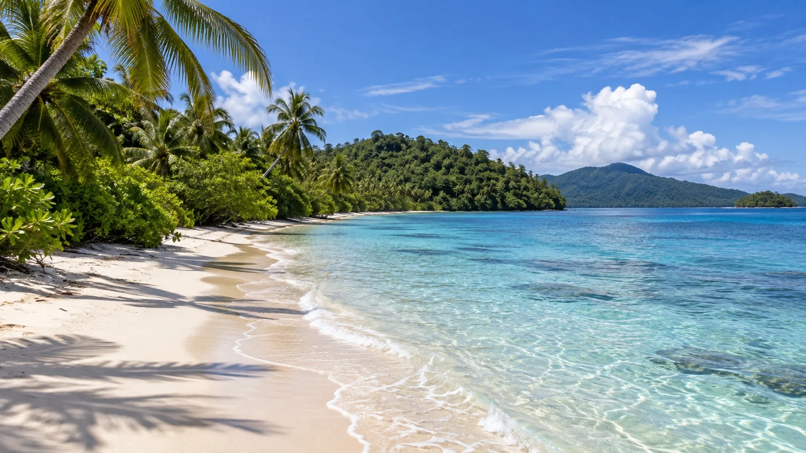 Quiet Kiriwina Island shoreline with pale sand and tropical vegetation in the Trobriand Islands