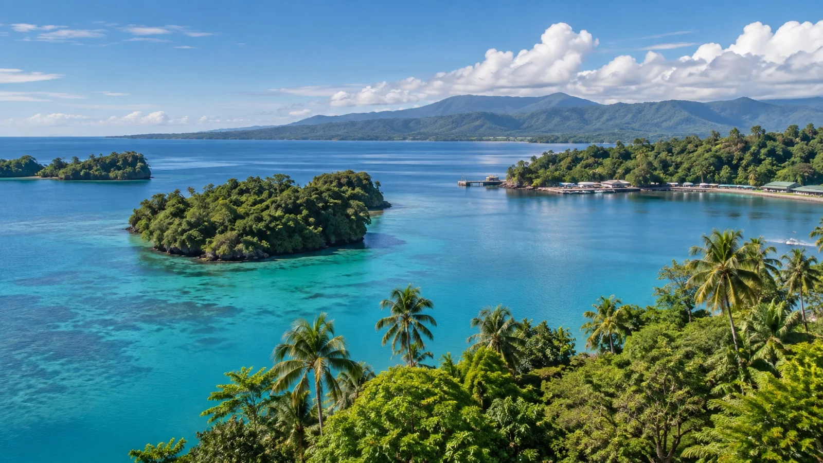Calm Madang lagoon with small islands and tropical harbor scenery in Papua New Guinea