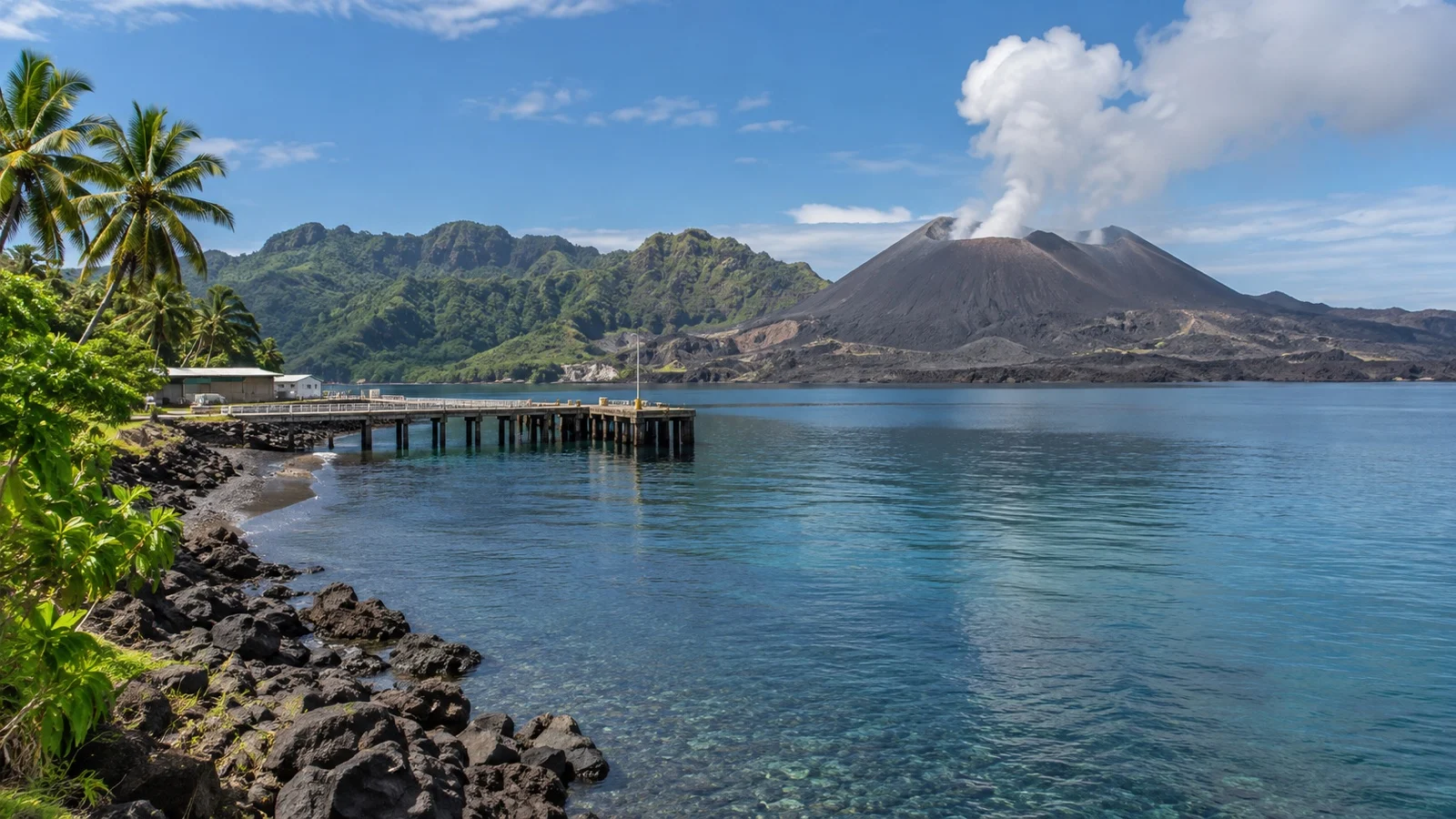 Rabaul harbor with a volcanic cone rising beyond the waterfront in Papua New Guinea