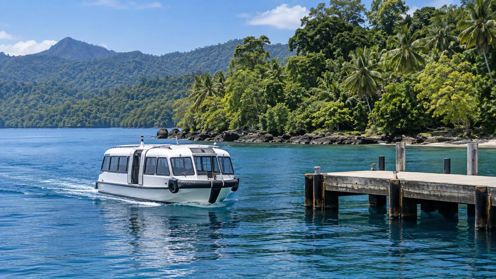 Empty tender boat beside a small island landing on the Papua New Guinea coast