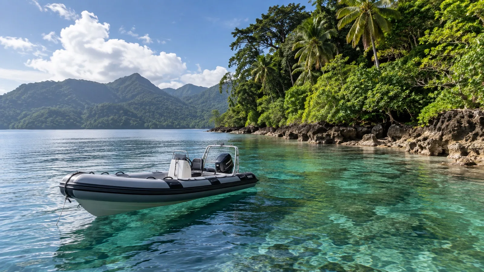 Expedition zodiac near Papua New Guinea island shore