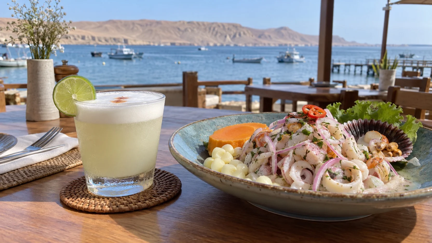Pisco sour and Peruvian seafood on a Paracas restaurant table