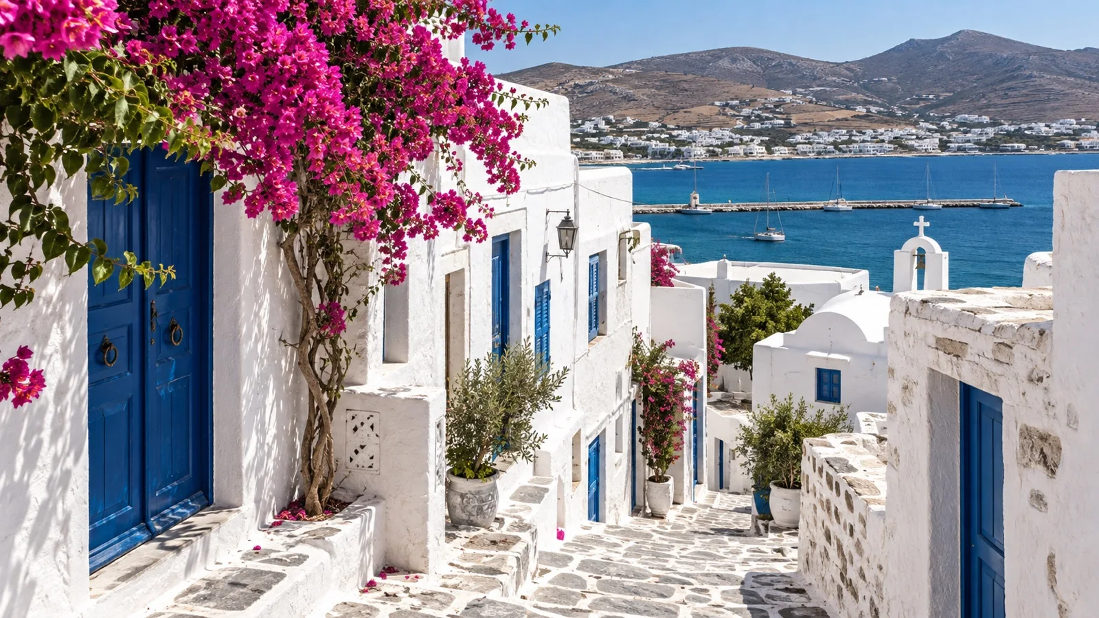 Whitewashed stone lanes in Parikia Kastro