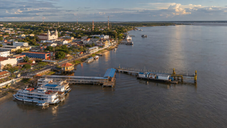 Aerial view of Parintins waterfront and river port on the Amazon