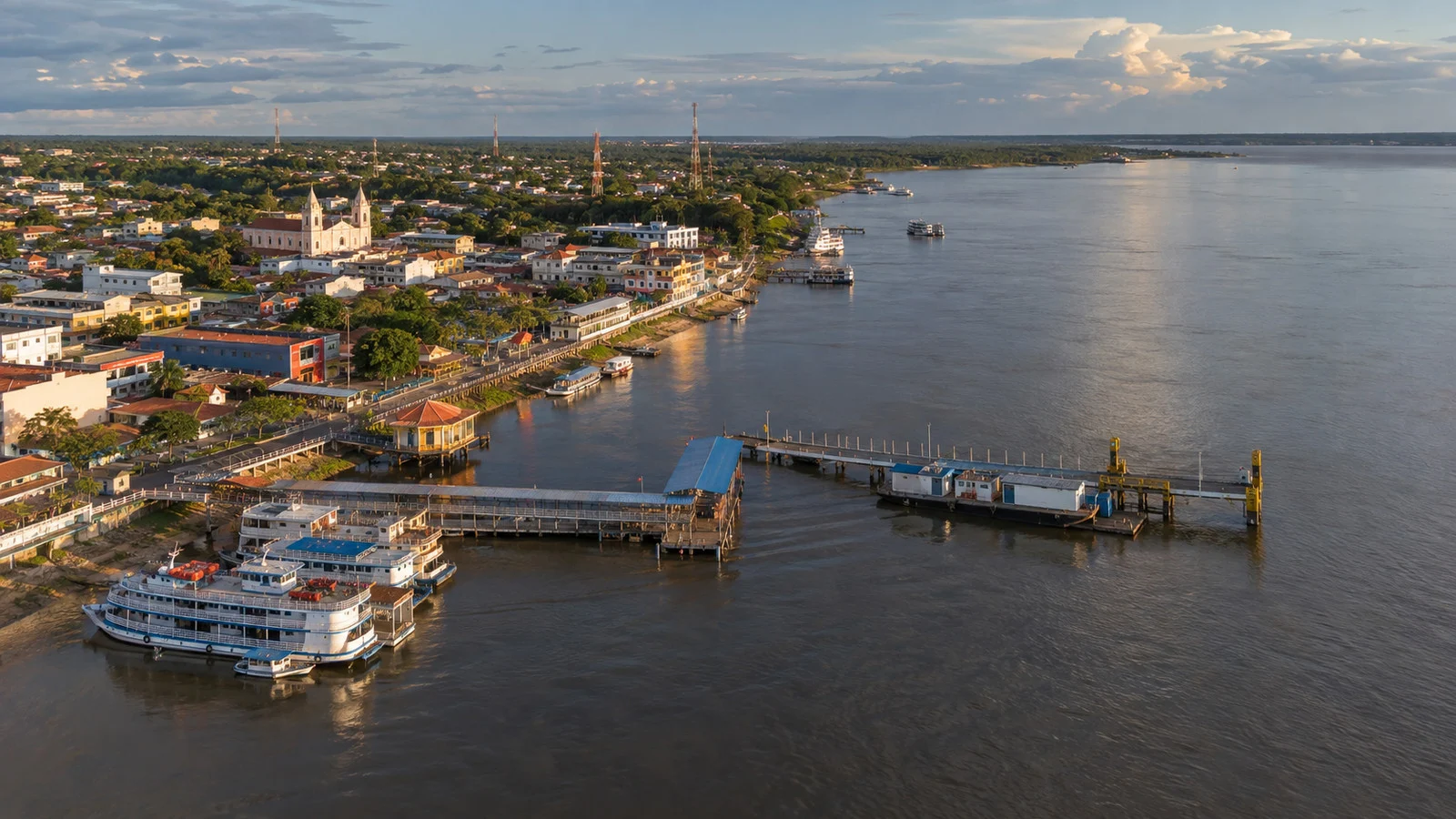 Aerial view of Parintins waterfront and river port on the Amazon