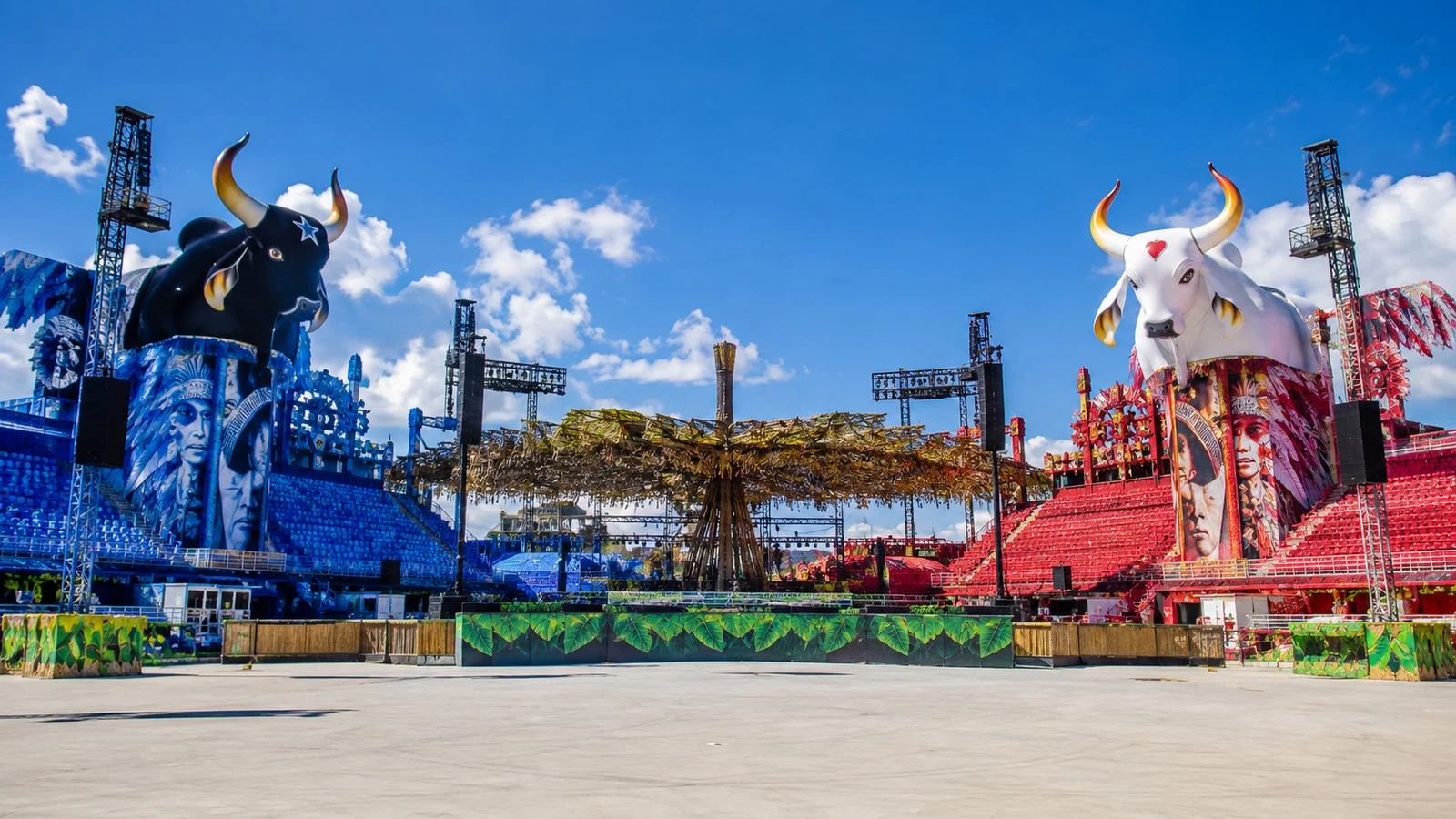 Colorful Boi-Bumbá arena decor in Parintins without people