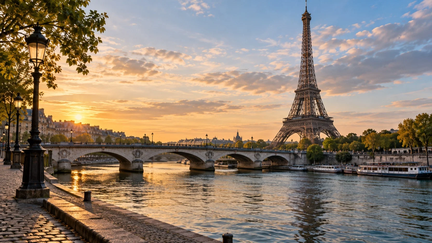 Eiffel Tower and Seine riverbank in Paris