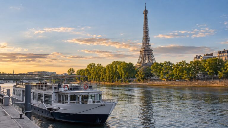 River cruise ship at Port de Grenelle near Eiffel Tower