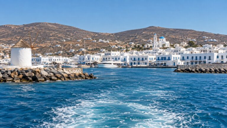 Tender boat approaching Parikia harbor on Paros