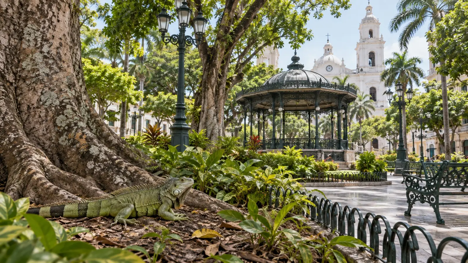 Iguana in leafy Parque Seminario, Guayaquil