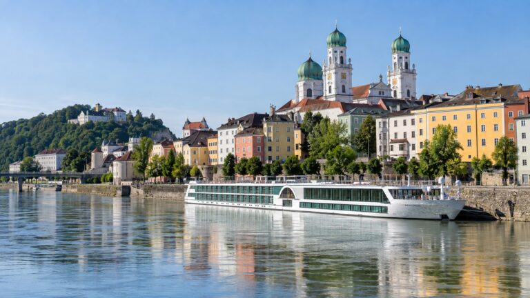River cruise ship docked beside Passau old town