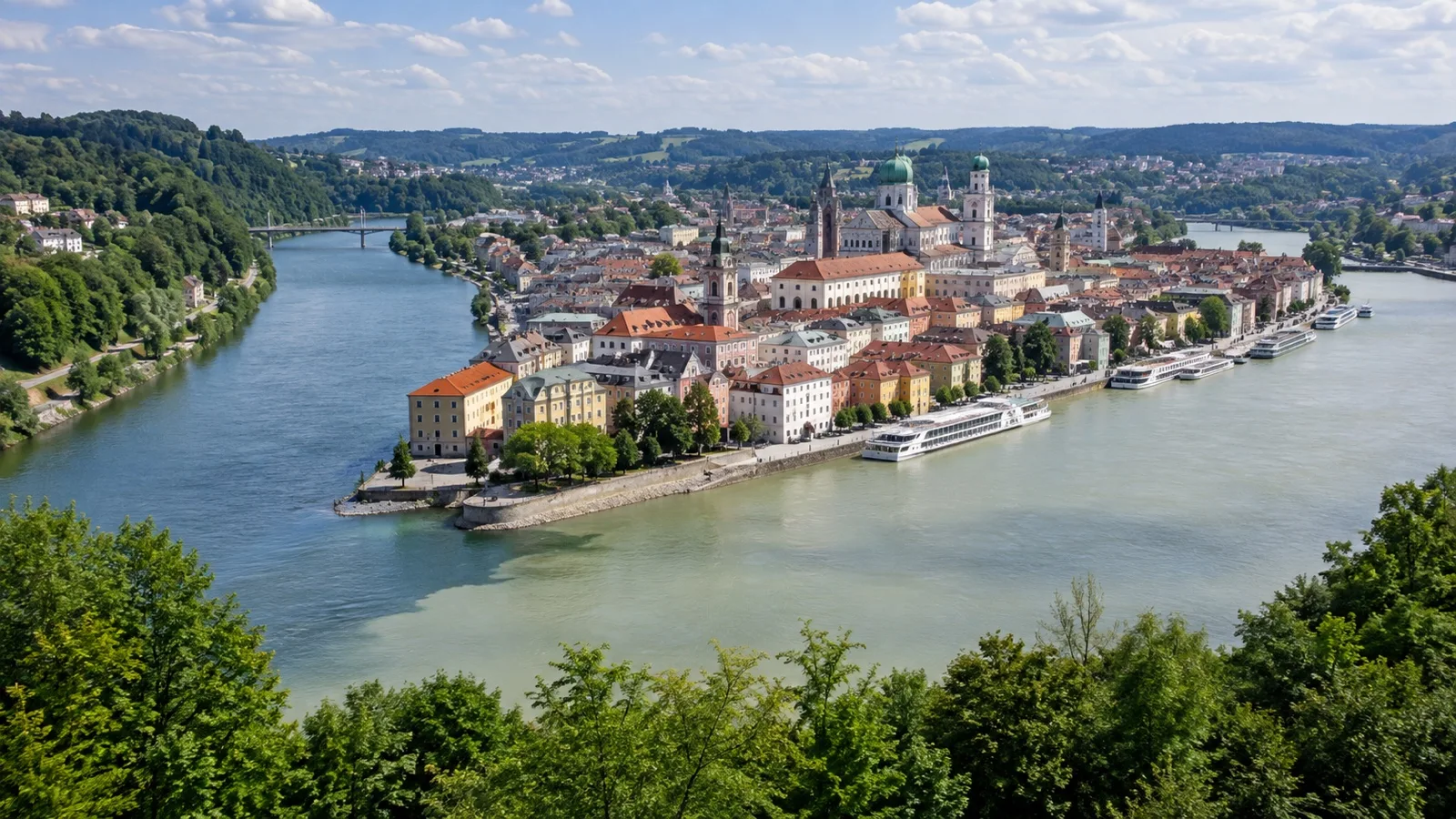 Three rivers meeting at Ortspitze in Passau