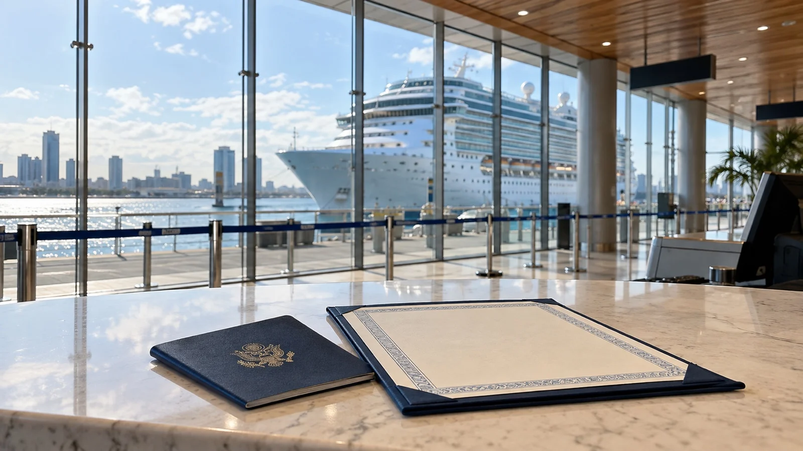 Passport and blank birth certificate folder on an empty cruise check-in counter