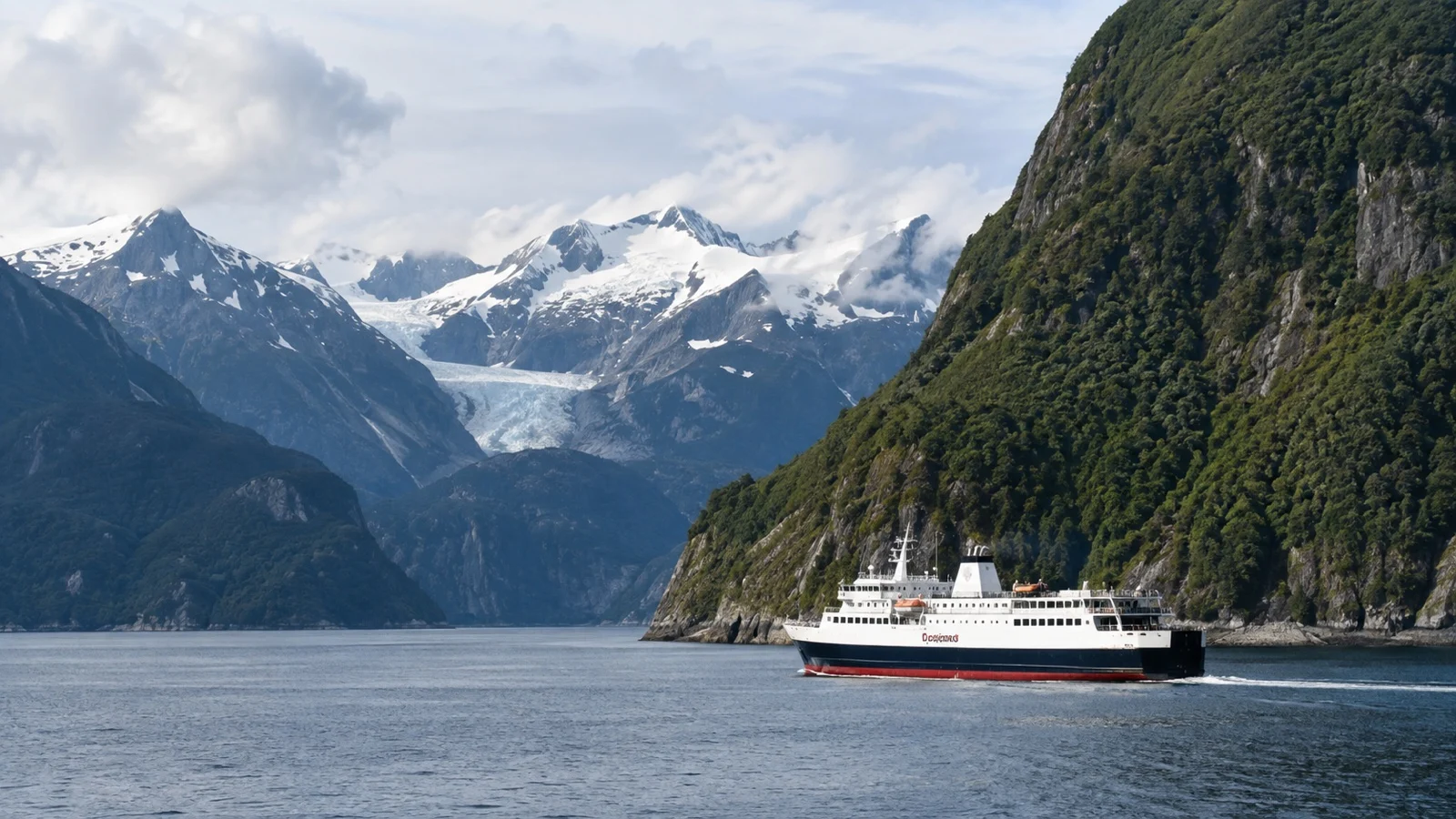 Working ferry passing glacier in Patagonian channels