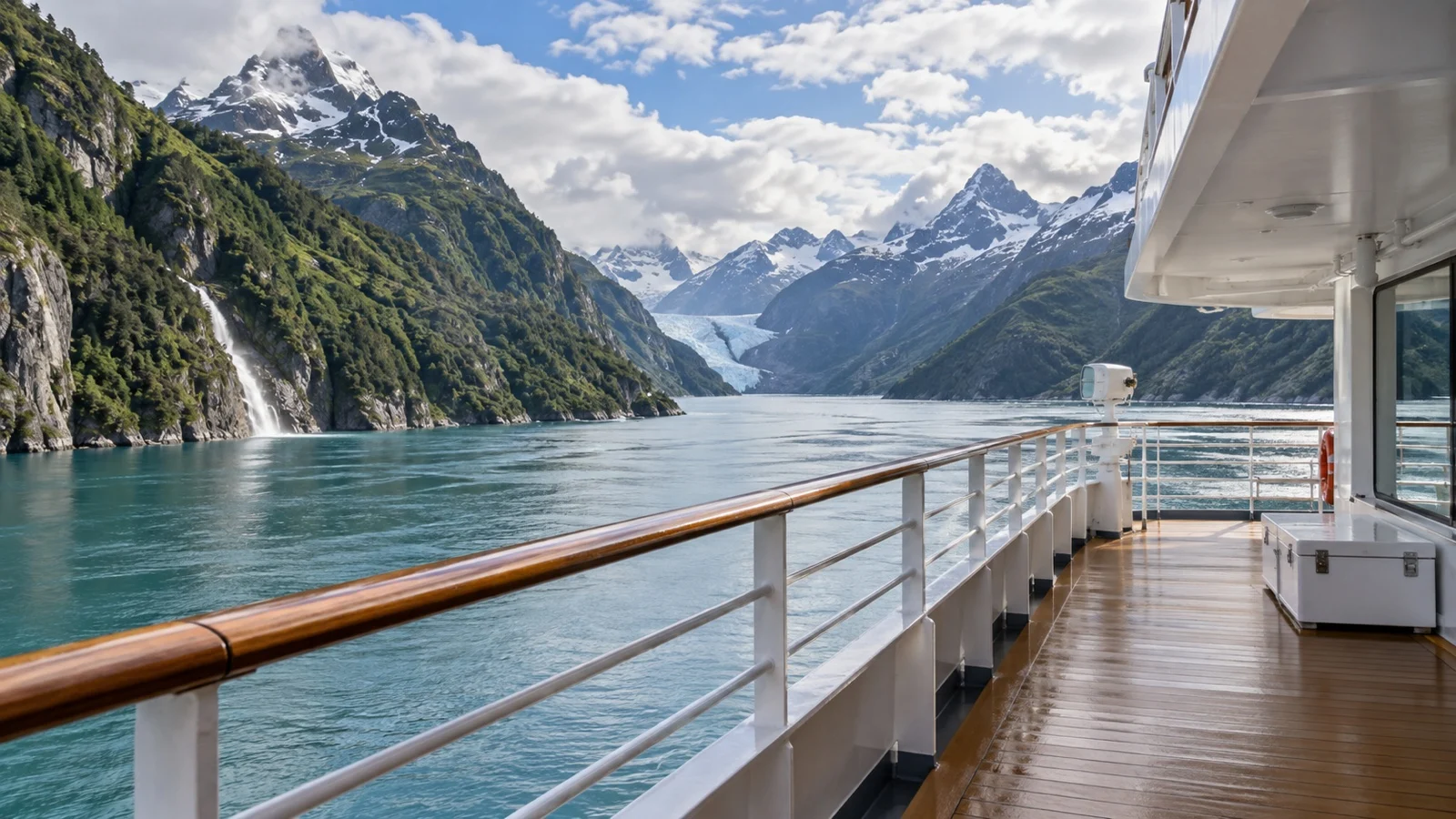 Empty ship deck overlooking Patagonian channels
