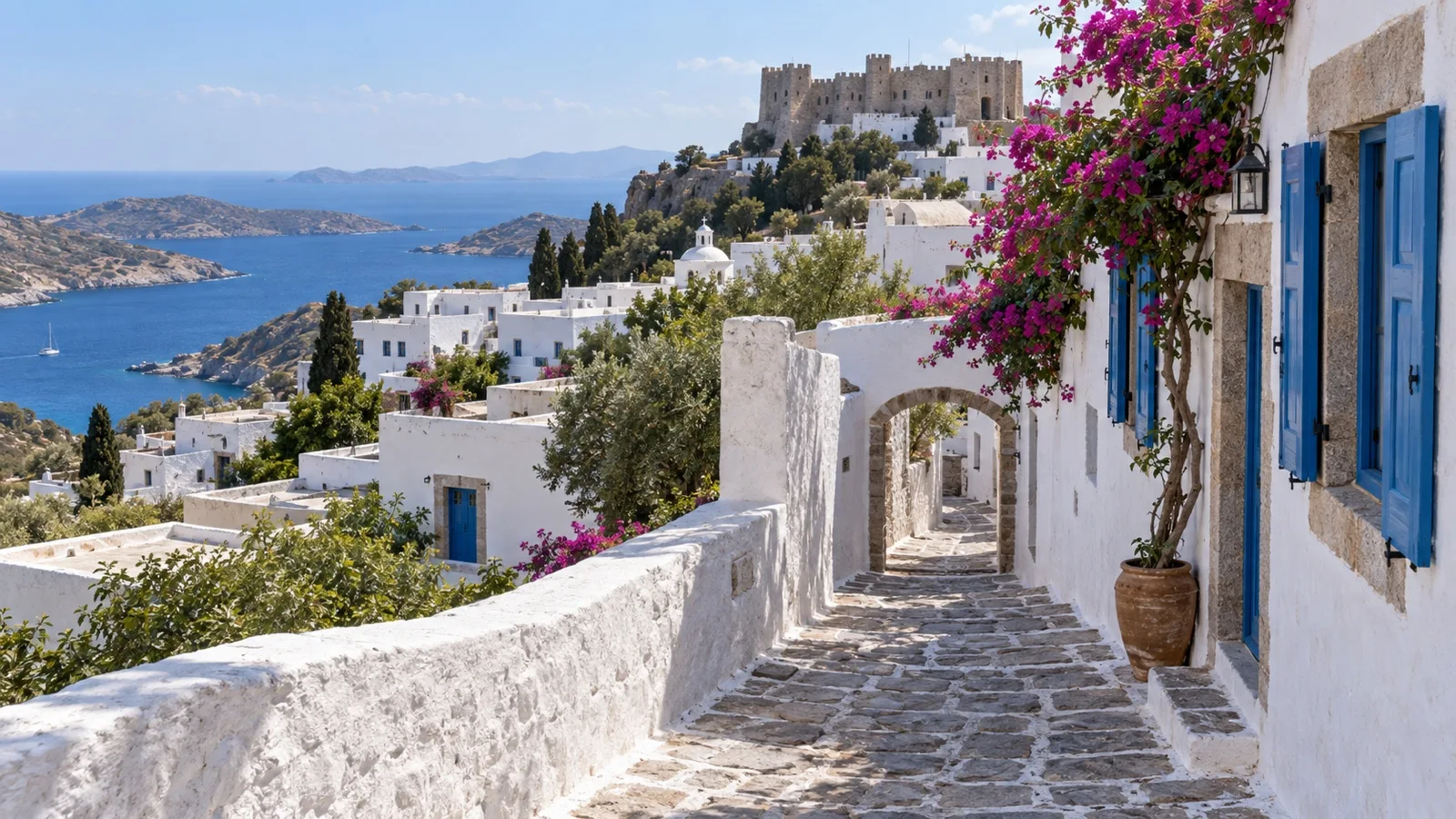 Whitewashed lane in Chora on Patmos with the Aegean Sea beyond