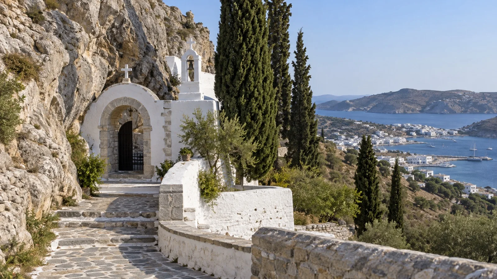 White chapel beside a rocky hillside above Skala on Patmos
