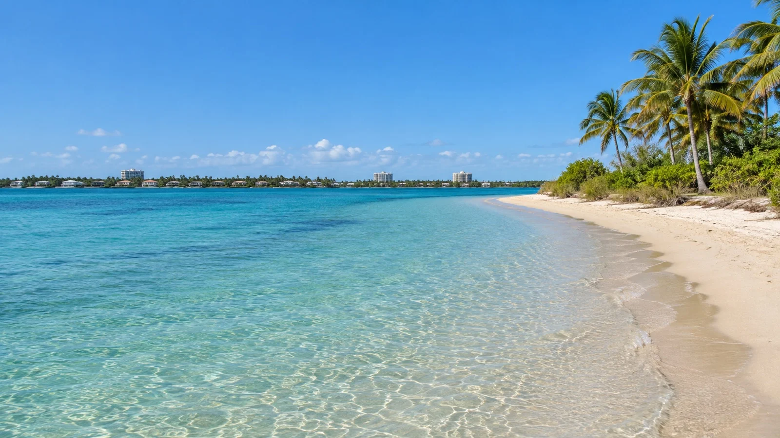 Sandy palm-lined shoreline and shallow turquoise water at Peanut Island