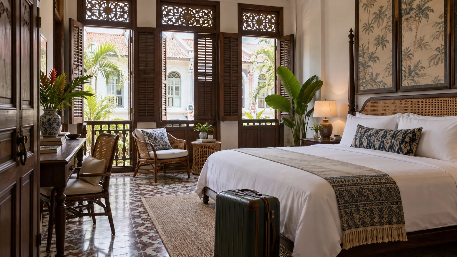 Heritage boutique hotel guest room in George Town with luggage ready for a cruise