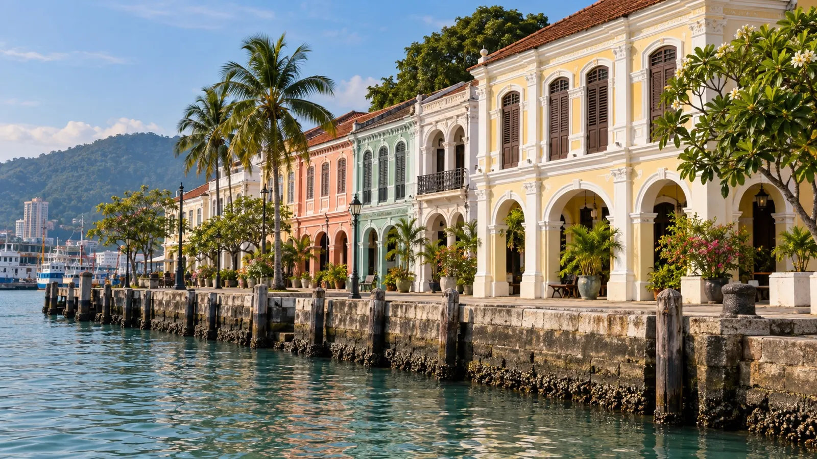 Restored heritage shophouses near Weld Quay in George Town, Penang
