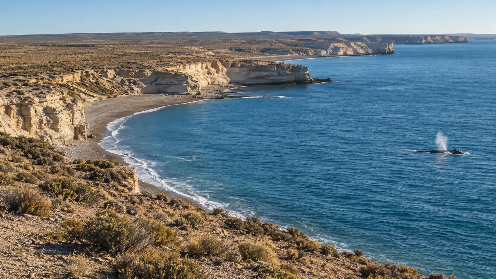 Patagonian coast of Península Valdés with a whale offshore