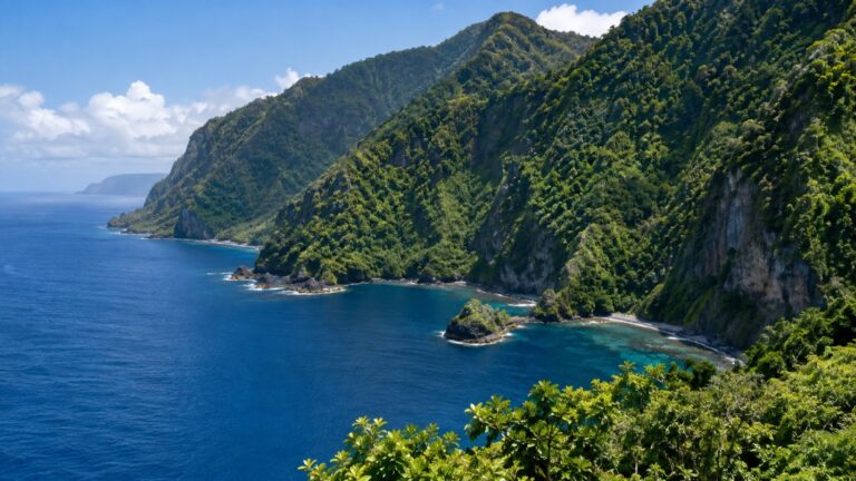 The steep green volcanic coastline of Pentecost Island, Vanuatu