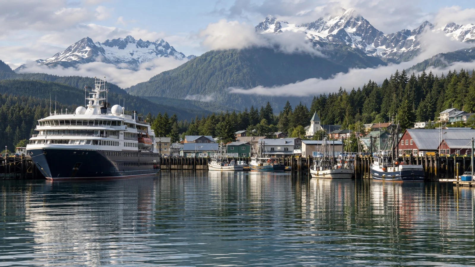 Small cruise ship at Petersburg Alaska working waterfront