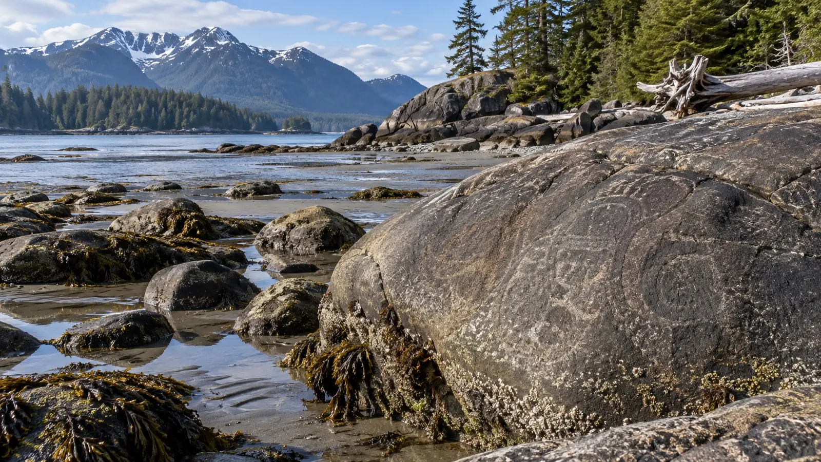 Intertidal rocks and driftwood at Petroglyph Beach in Wrangell Alaska
