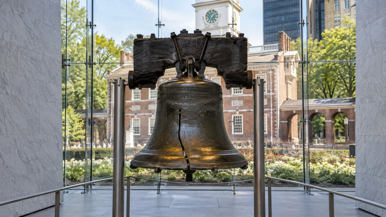 Liberty Bell inside its glass pavilion in Philadelphia