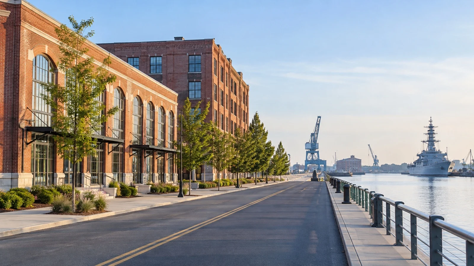 Philadelphia Navy Yard waterfront and restored buildings