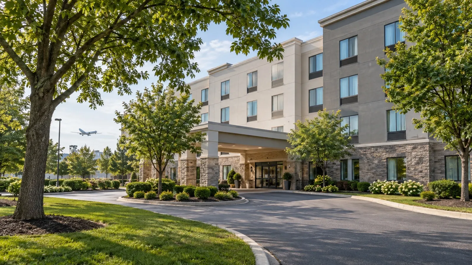 Tree-lined Ridley Park hotel area near Philadelphia airport