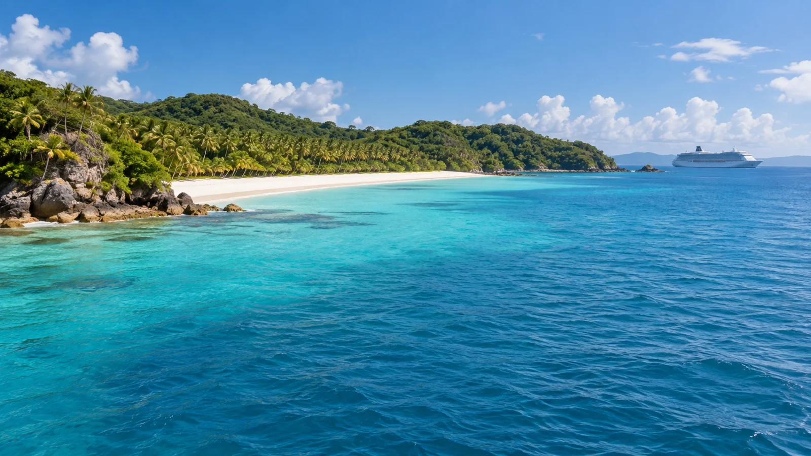 Boracay's white sand shore and turquoise water seen from an offshore cruise approach