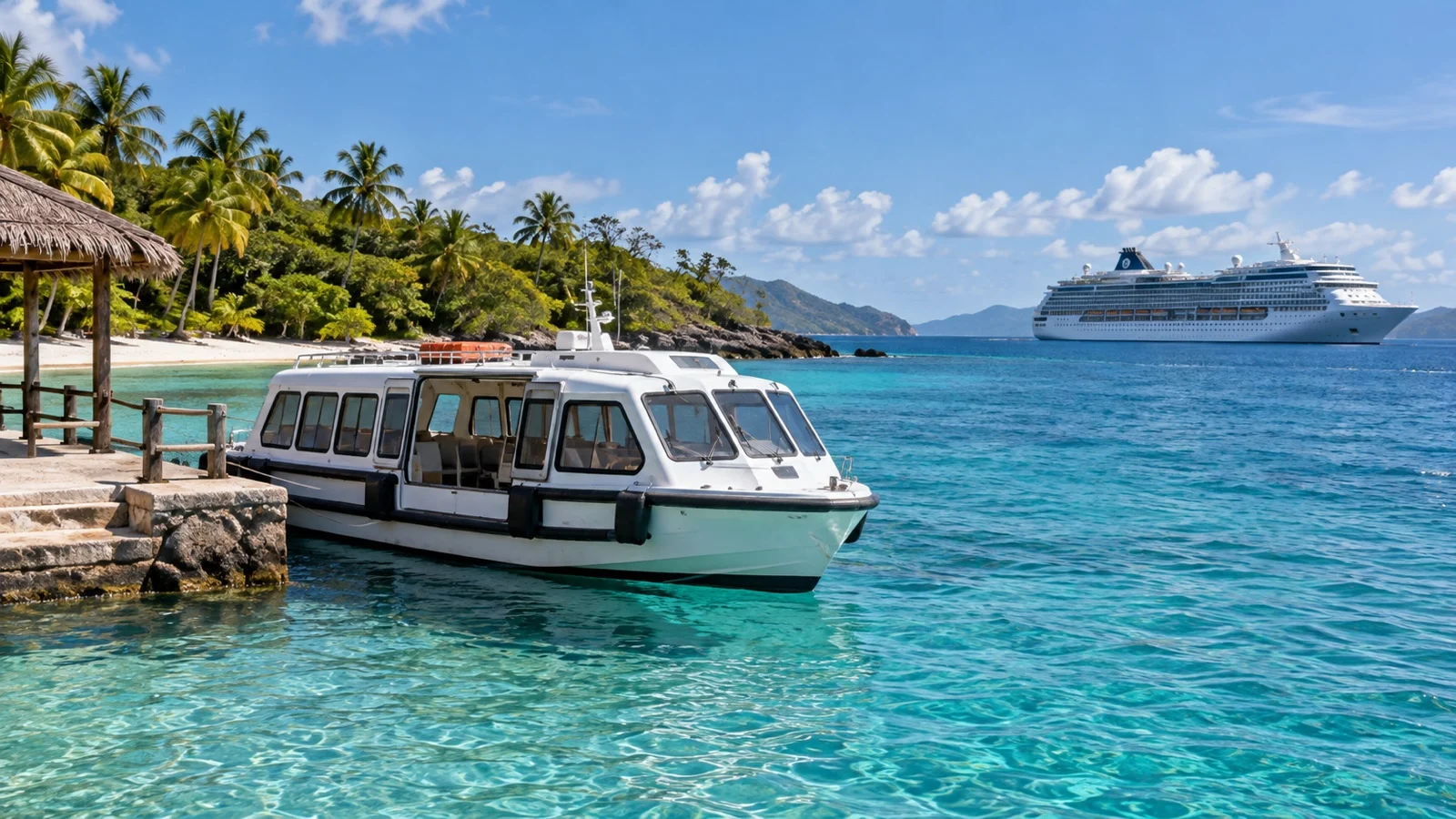 Empty cruise tender boat near a Philippine island landing and clear tropical water