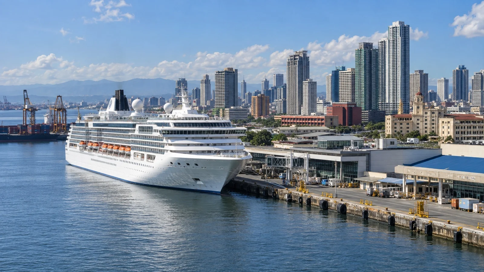 Cruise ship at Manila South Harbor with the city skyline across Manila Bay
