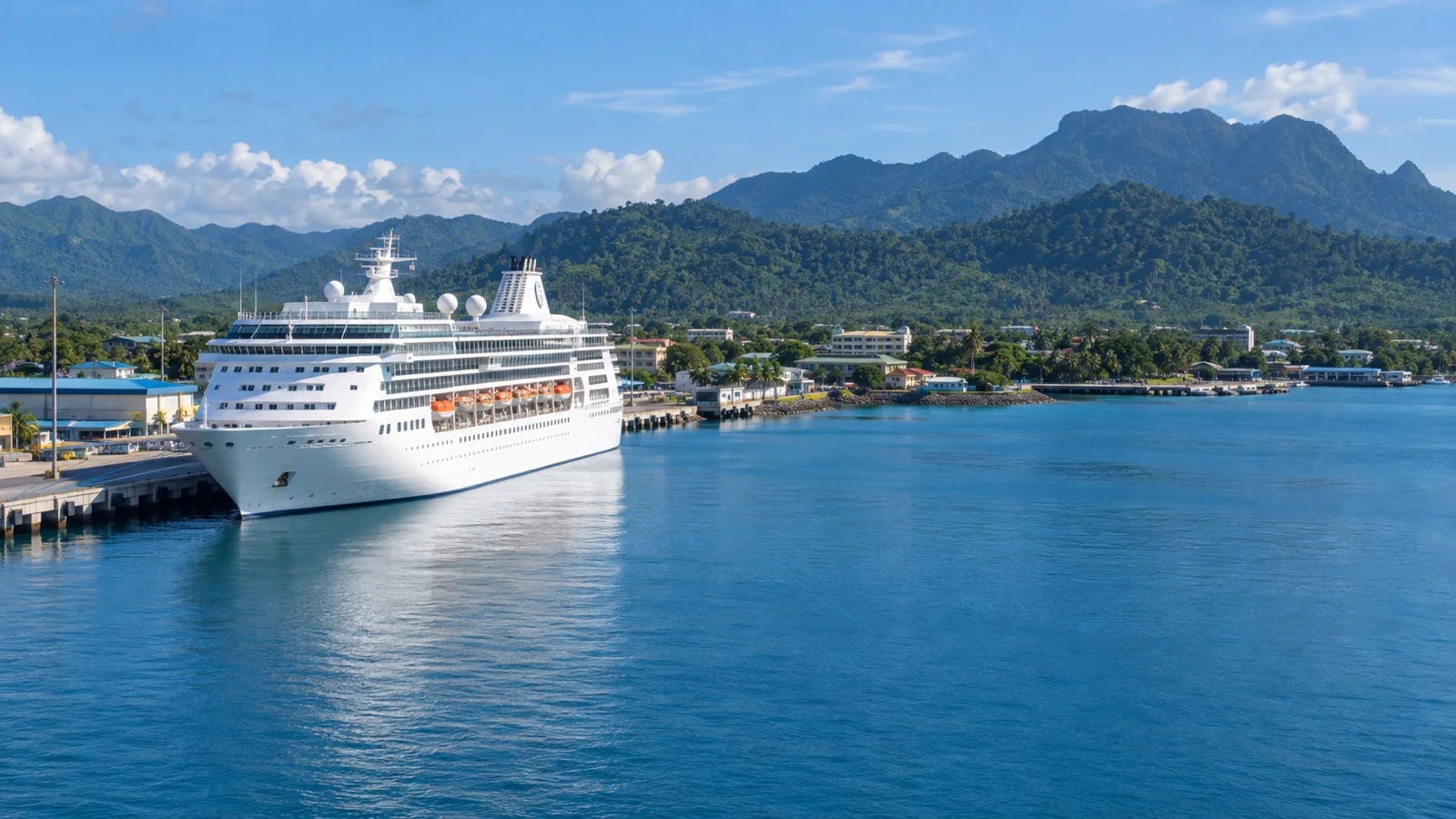 Puerto Princesa harbor with a cruise ship and forested Palawan coast