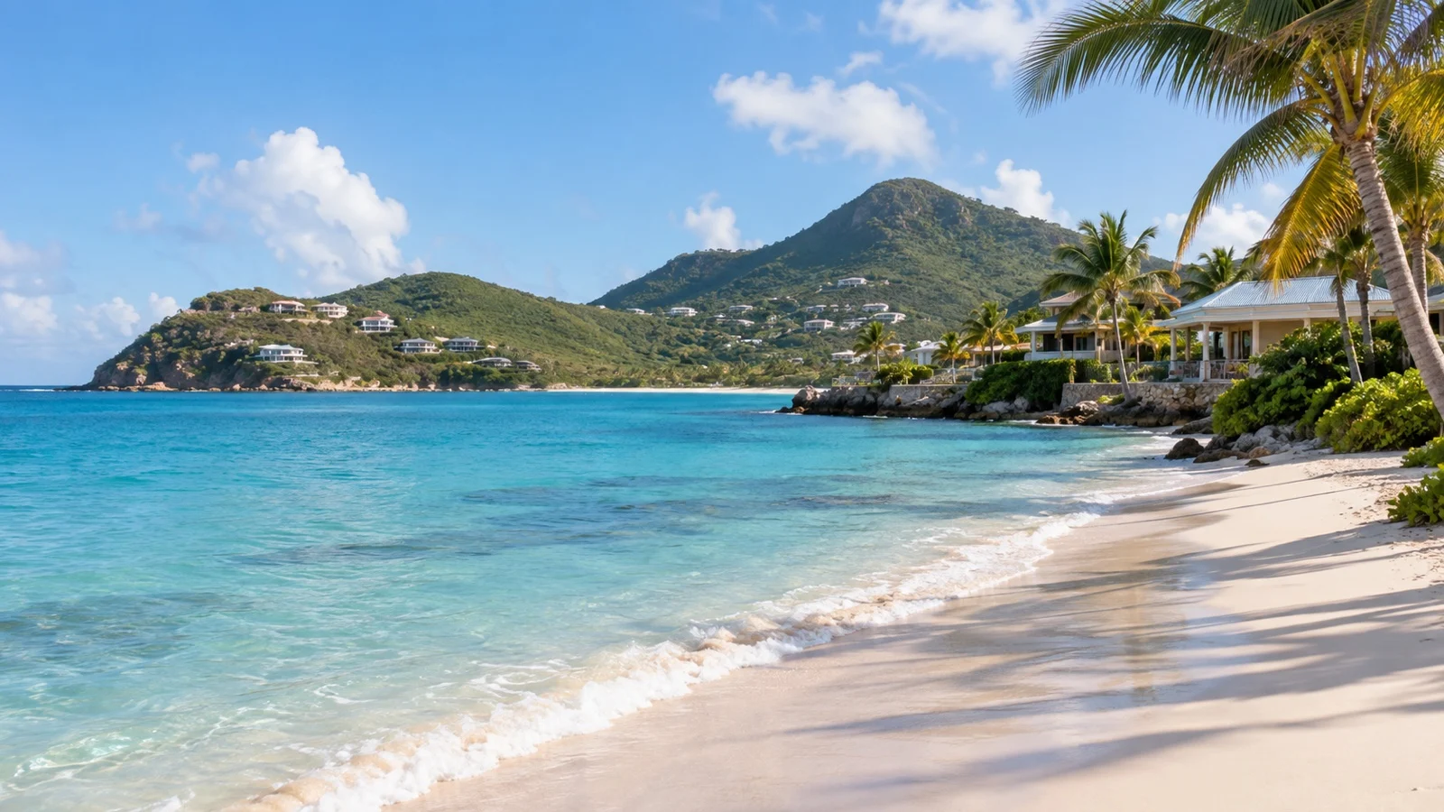Dawn Beach and Oyster Pond area of Sint Maarten, quiet white sand, palms, turquoise water and low resort buildings