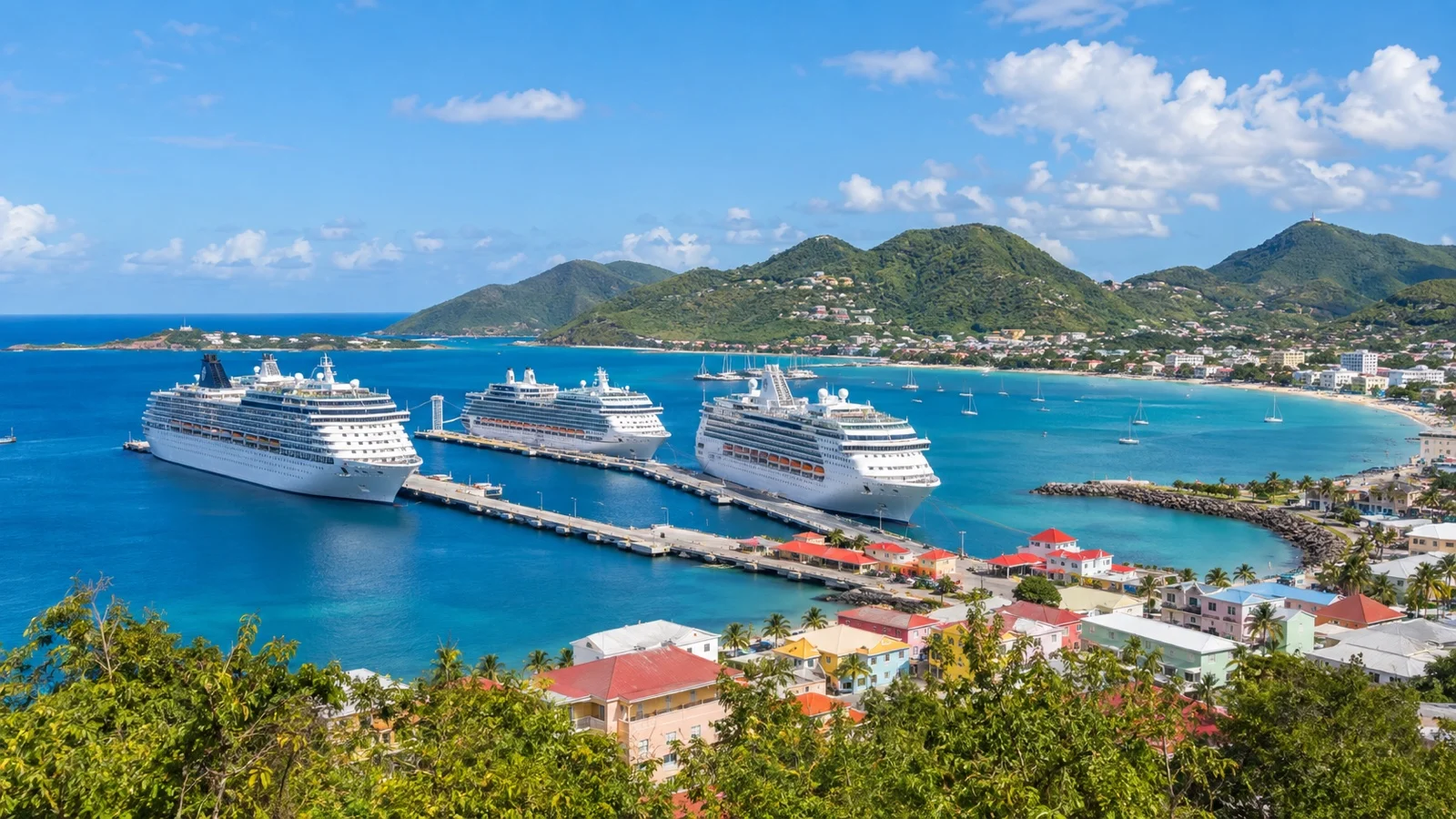 Philipsburg cruise ship piers at Port St. Maarten with white cruise ships beside blue Great Bay and green hills
