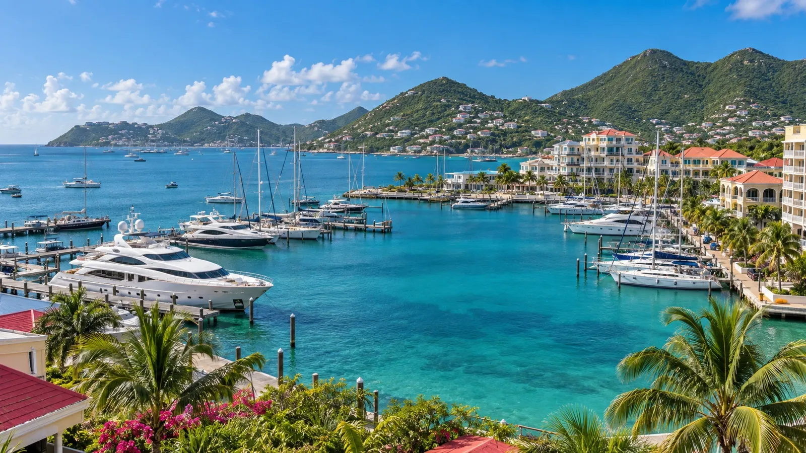 Simpson Bay marina in Sint Maarten with yachts, waterfront hotels, tropical hills and clear Caribbean water