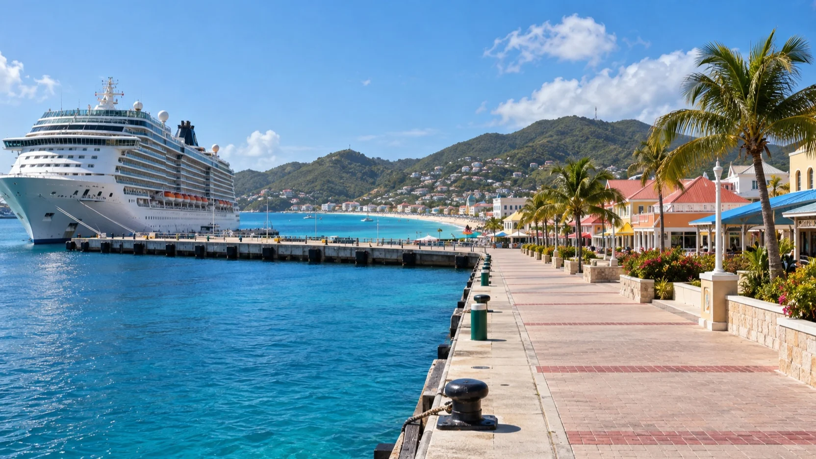 Level waterfront boardwalk from Philipsburg cruise pier toward town