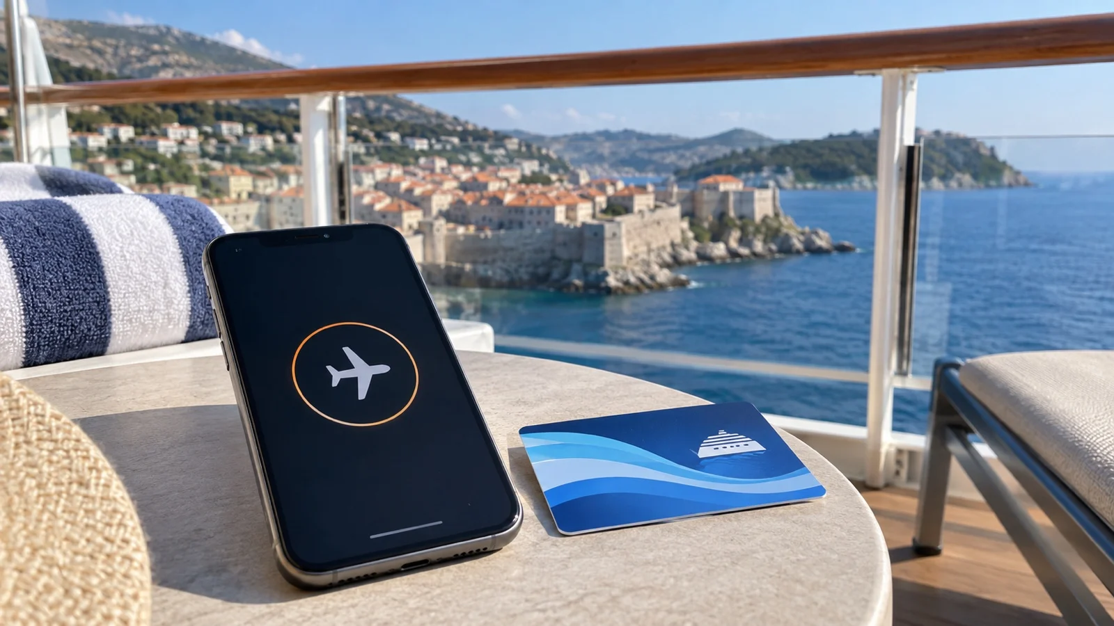Phone with generic airplane-mode symbol beside ship key card, no readable text