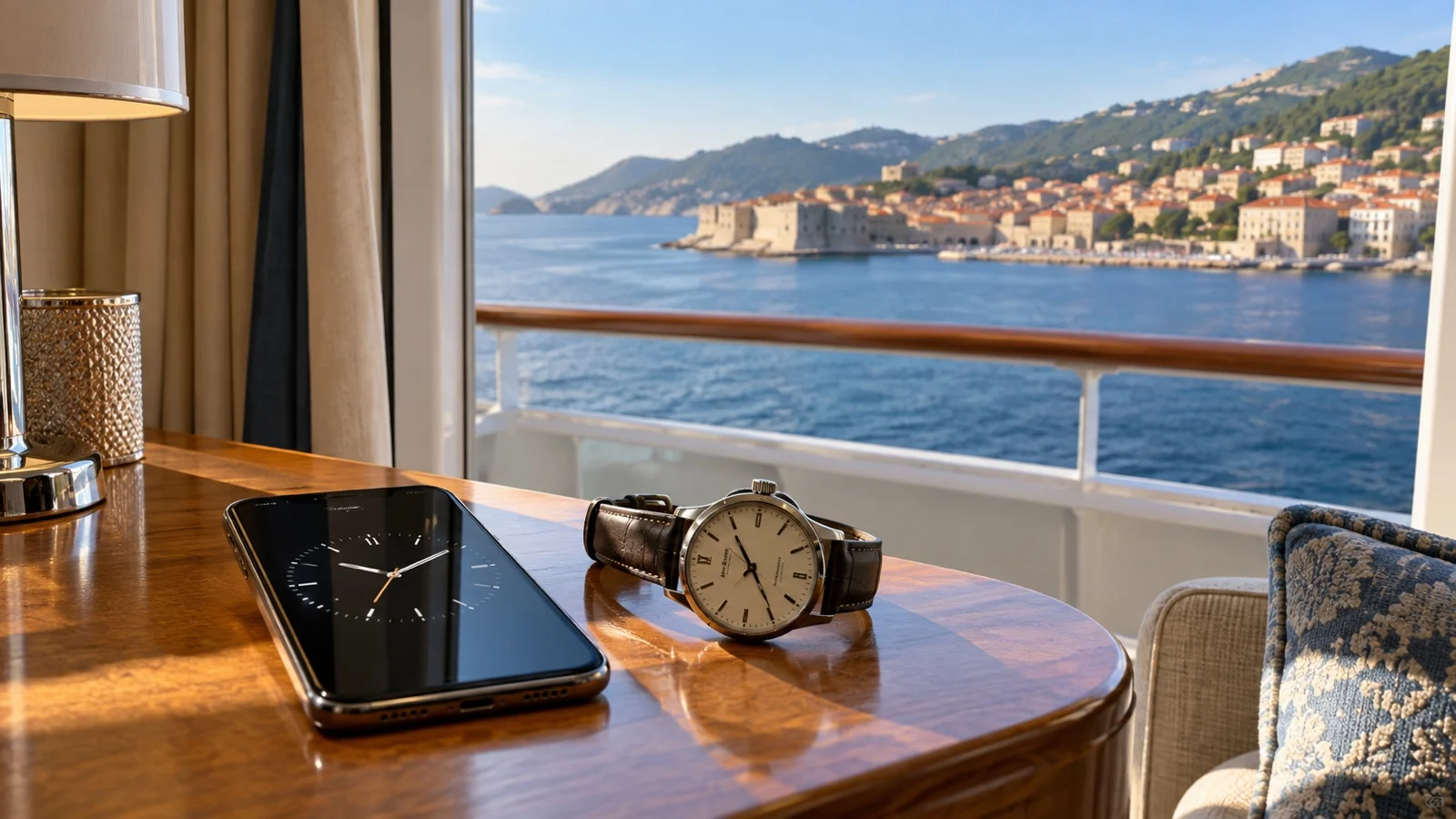 Smartphone and wristwatch on a cruise cabin table with different clock faces and no readable text
