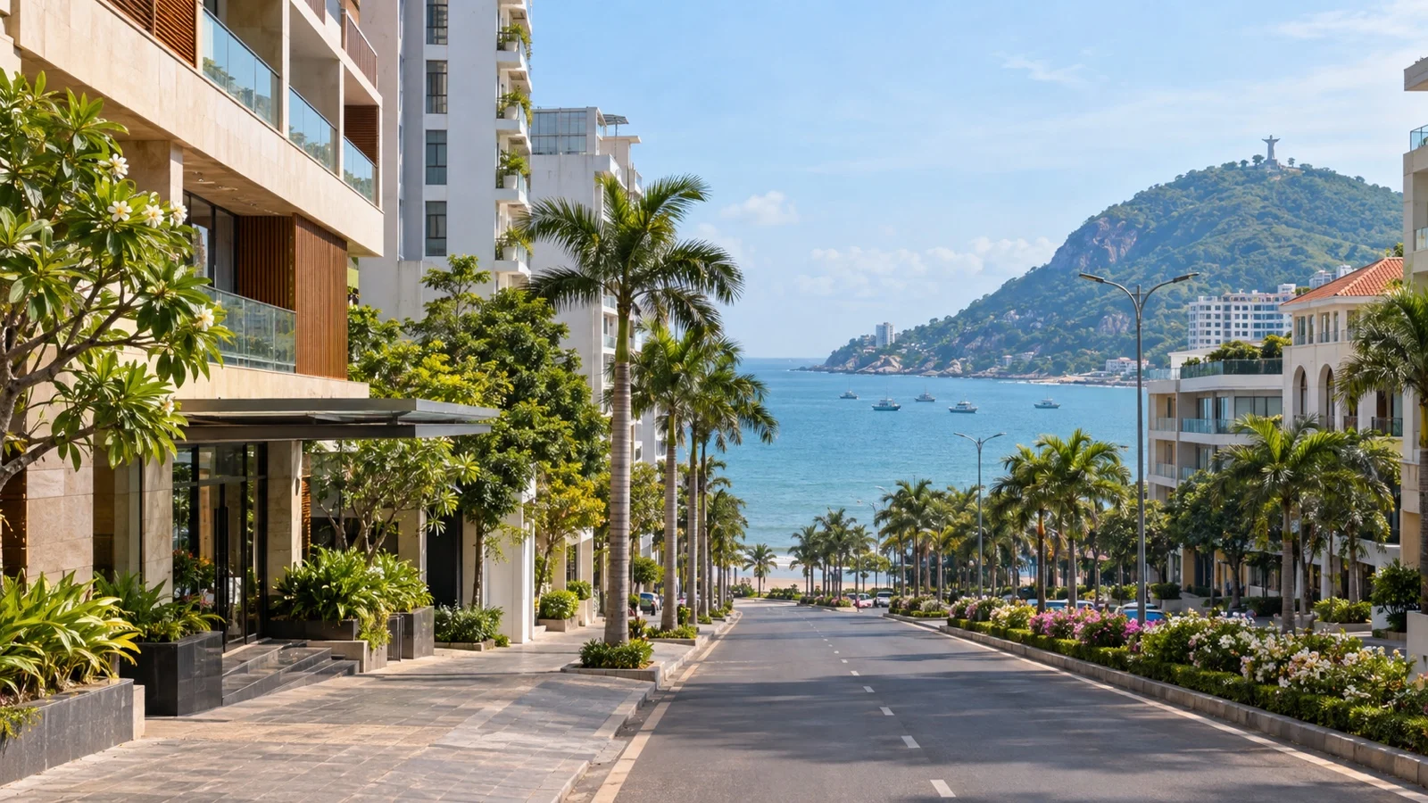 Central Vũng Tàu street with practical modern hotels and tropical Vietnamese architecture