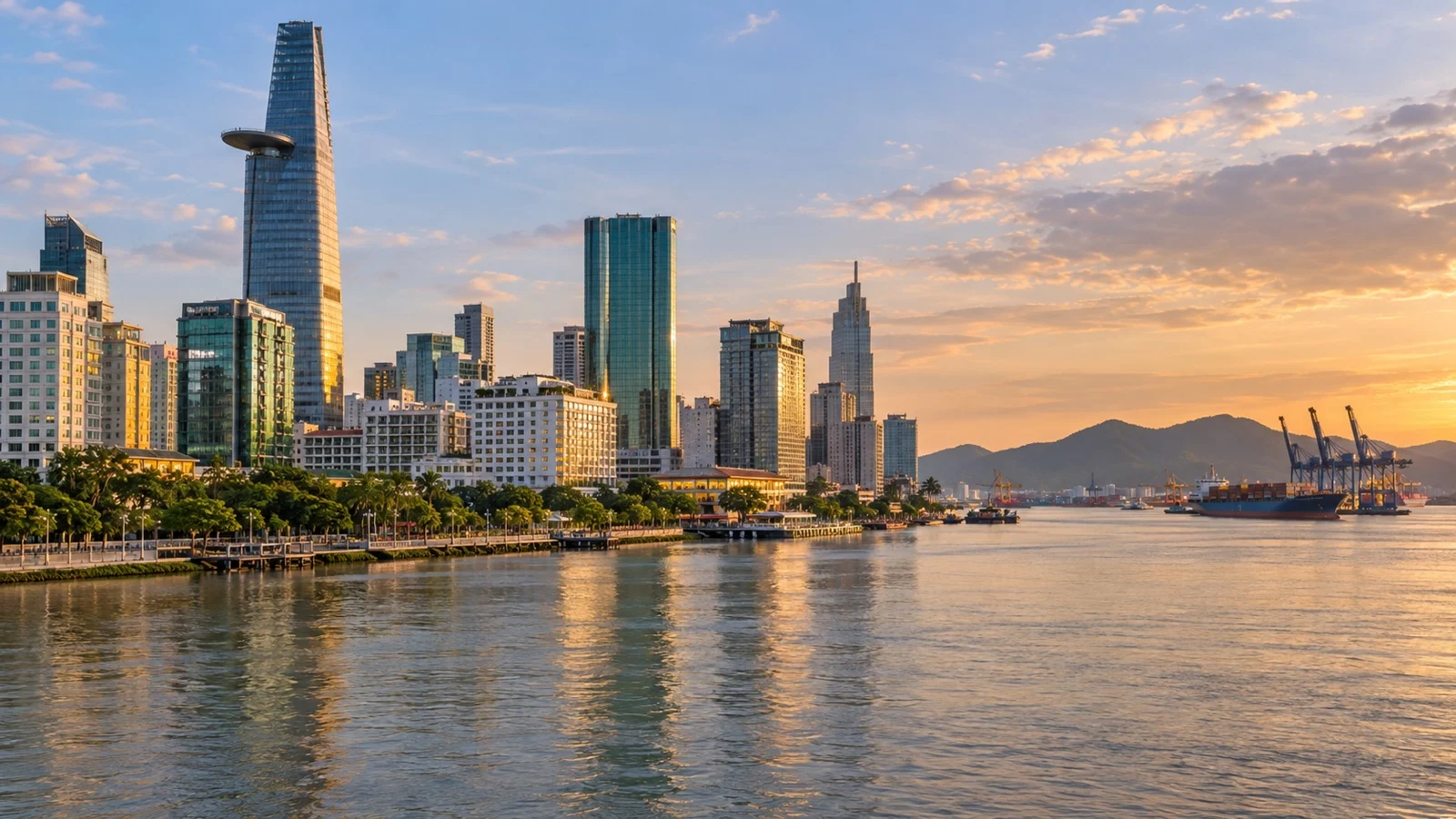 Ho Chi Minh City riverside with central hotels and modern skyline along the Saigon River