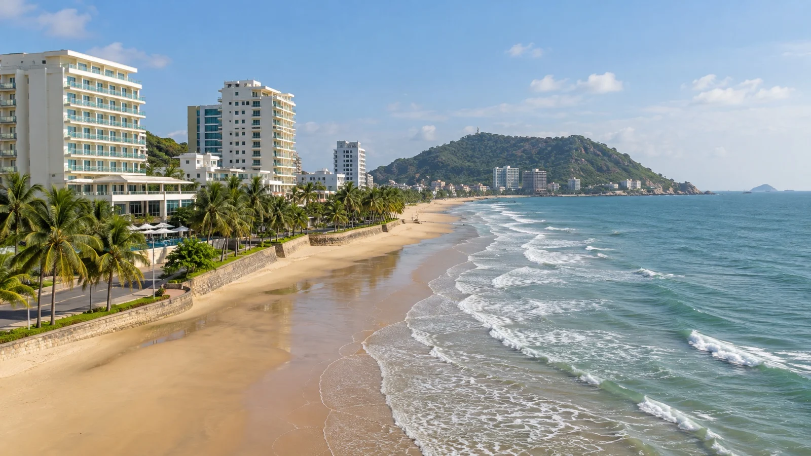 Vũng Tàu beachfront with midrange hotels, palms and South China Sea water